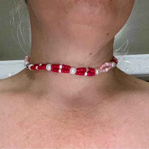 Pink & Faux Pearl Choker w Celtic Centre Featuring Swarovski Crystals & Hair Tie - Picture 3 of 5